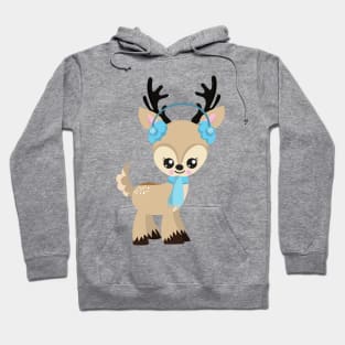 Christmas Reindeer, Cute Reindeer, Blue Scarf Hoodie